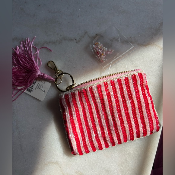 Anthropologie Fiona Beaded Bag Coin Card Charm Rose NWT Pink White - Picture 3 of 4